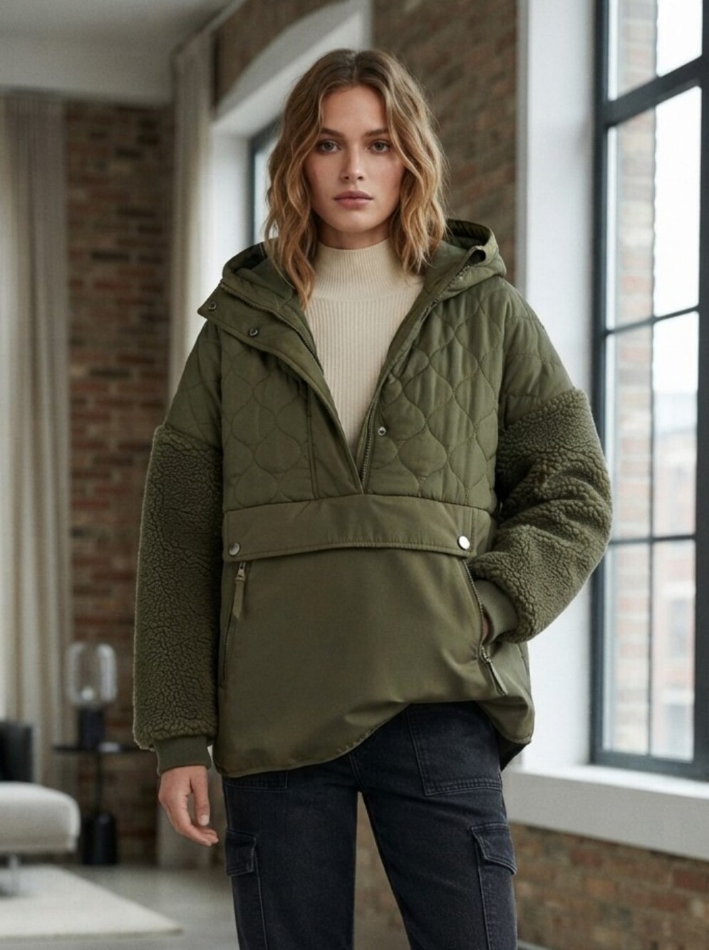Zara Olive Green Quilted Anorak Hoodie Jacket Size Small